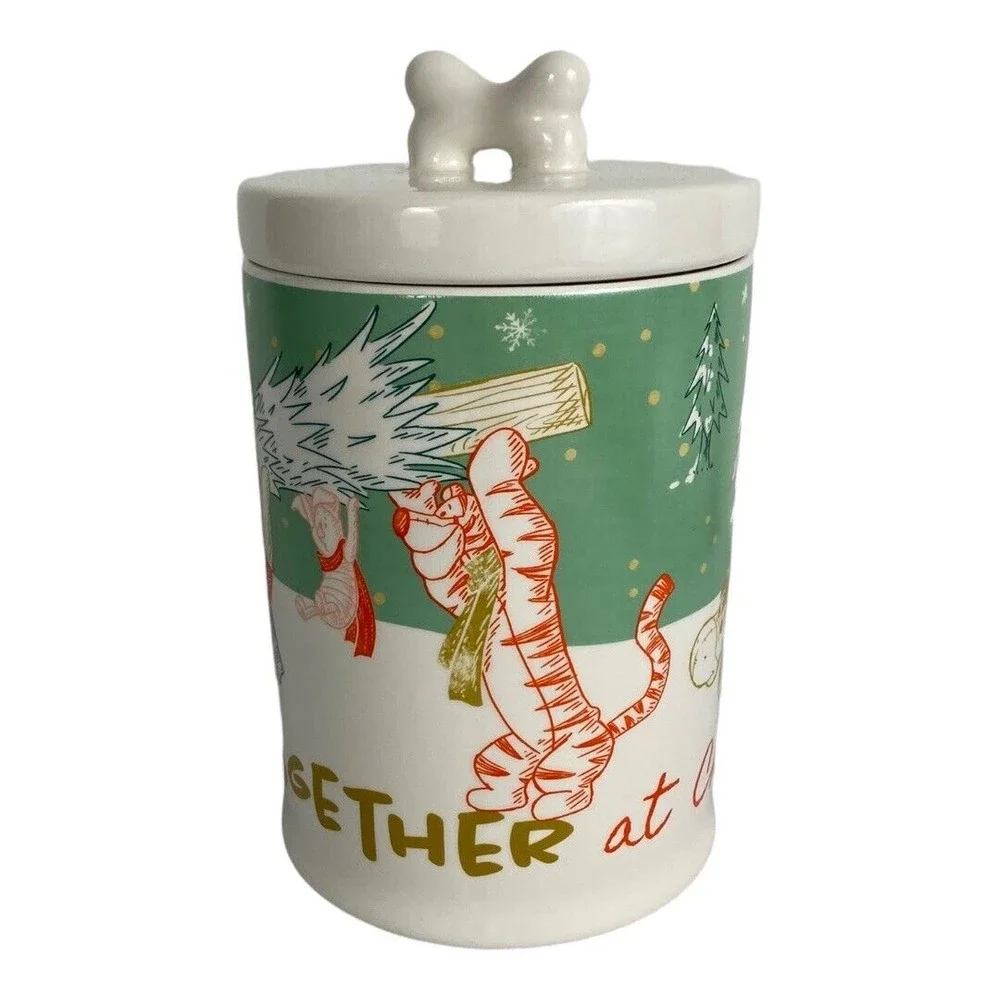 Winnie the Pooh Dog Treat Ceramic Holiday Canister Altogether at Christmas NEW